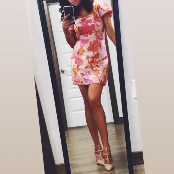 So Stunning Orange Multi Floral Jacquard Puff Sleeve Mini Dress - Picture 1 of 13